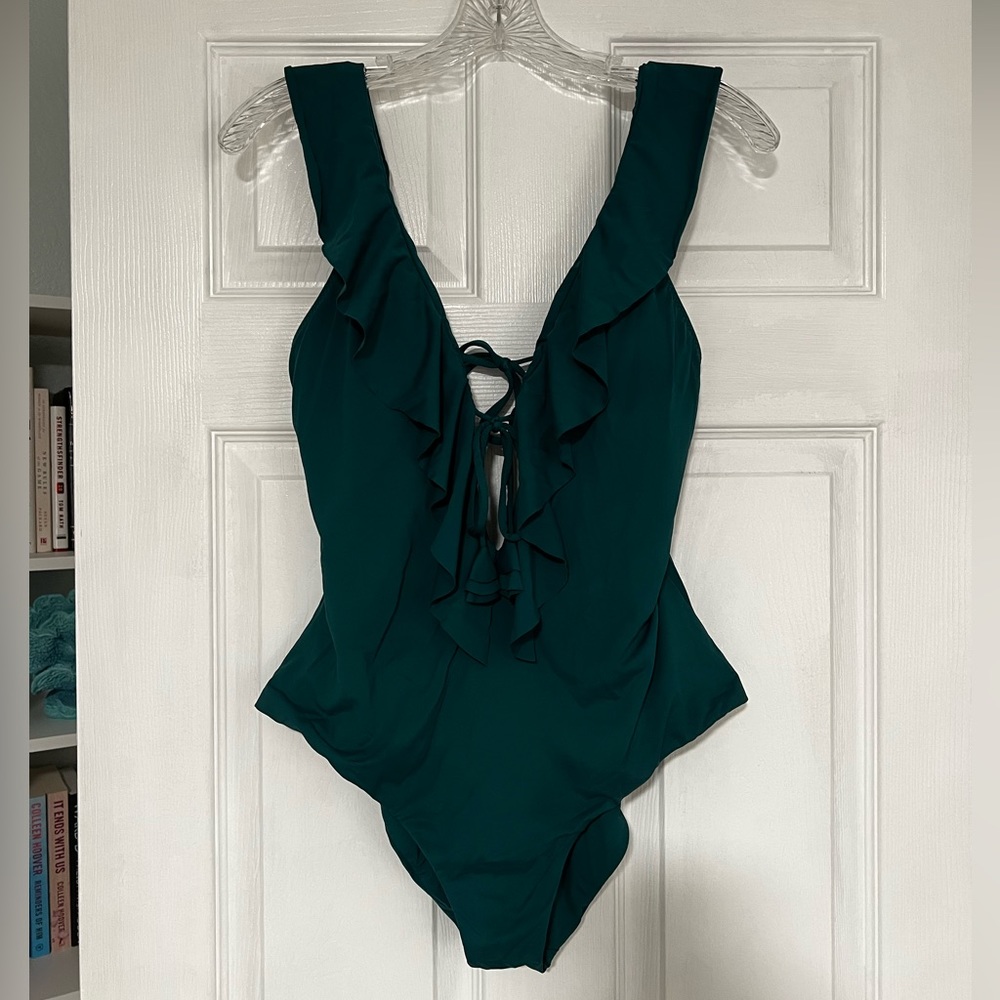 BECCA everything but water one piece plunge swimsuit, green, size large